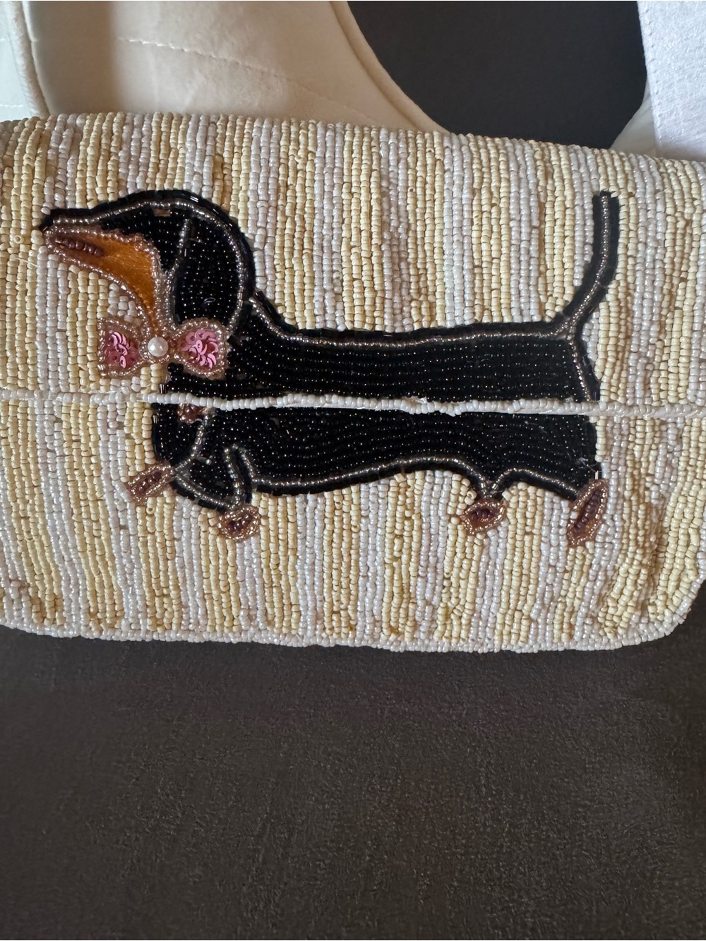 Beaded Dachshund Dog Handbag - Black and Cream
